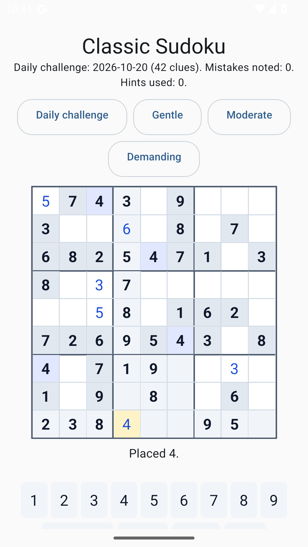 Classic Sudoku gameplay screenshot