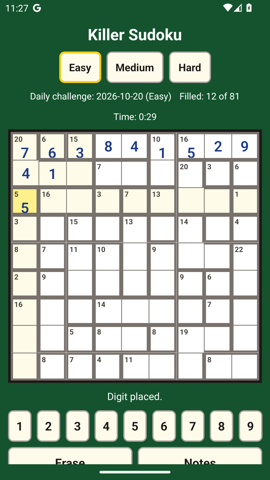 Killer Sudoku gameplay screenshot